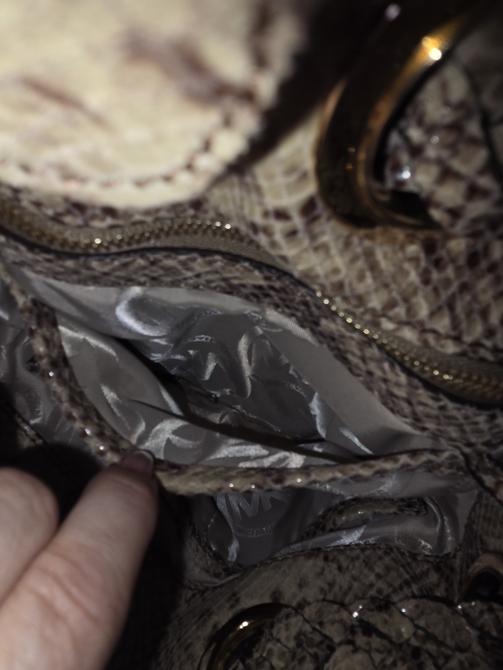Michael Kors Taupe Snakeskin-Print Shoulder Bag with Tassel - Picture 12 of 13